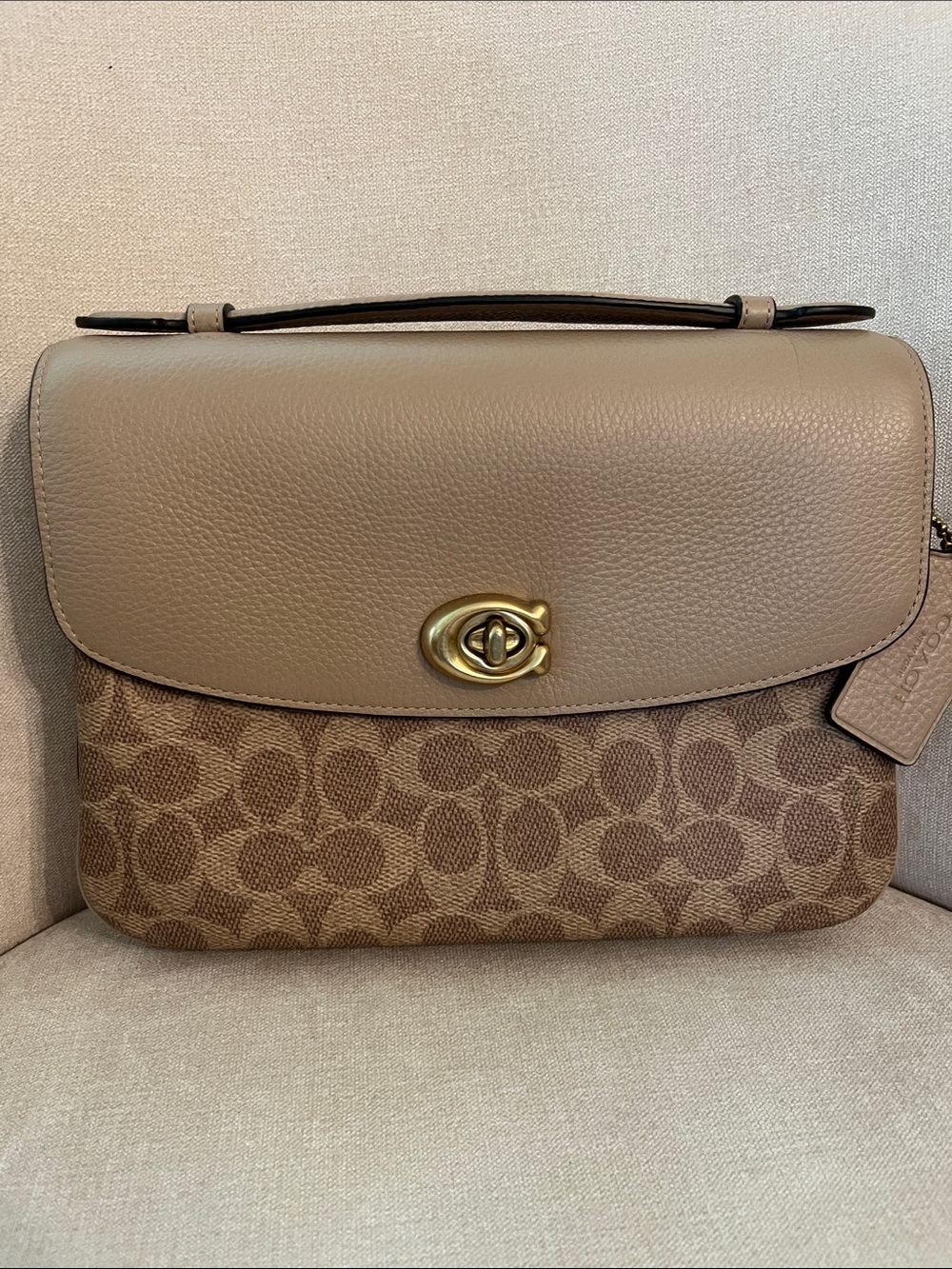 Coach Cassie Taupe Signature Canvas Satchel with Leather Flap
